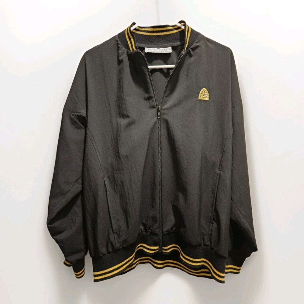The La Costa Spa Windbreaker Womens L / XL Black Gold Metallic Vtg USA Jacket LN
